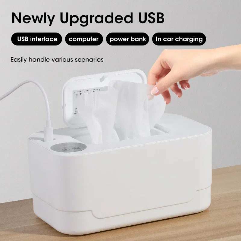 Portable white baby wipe warmer with LED display and USB charging for home and car use