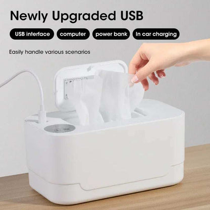 Portable white baby wipe warmer with LED display and USB charging for home and car use