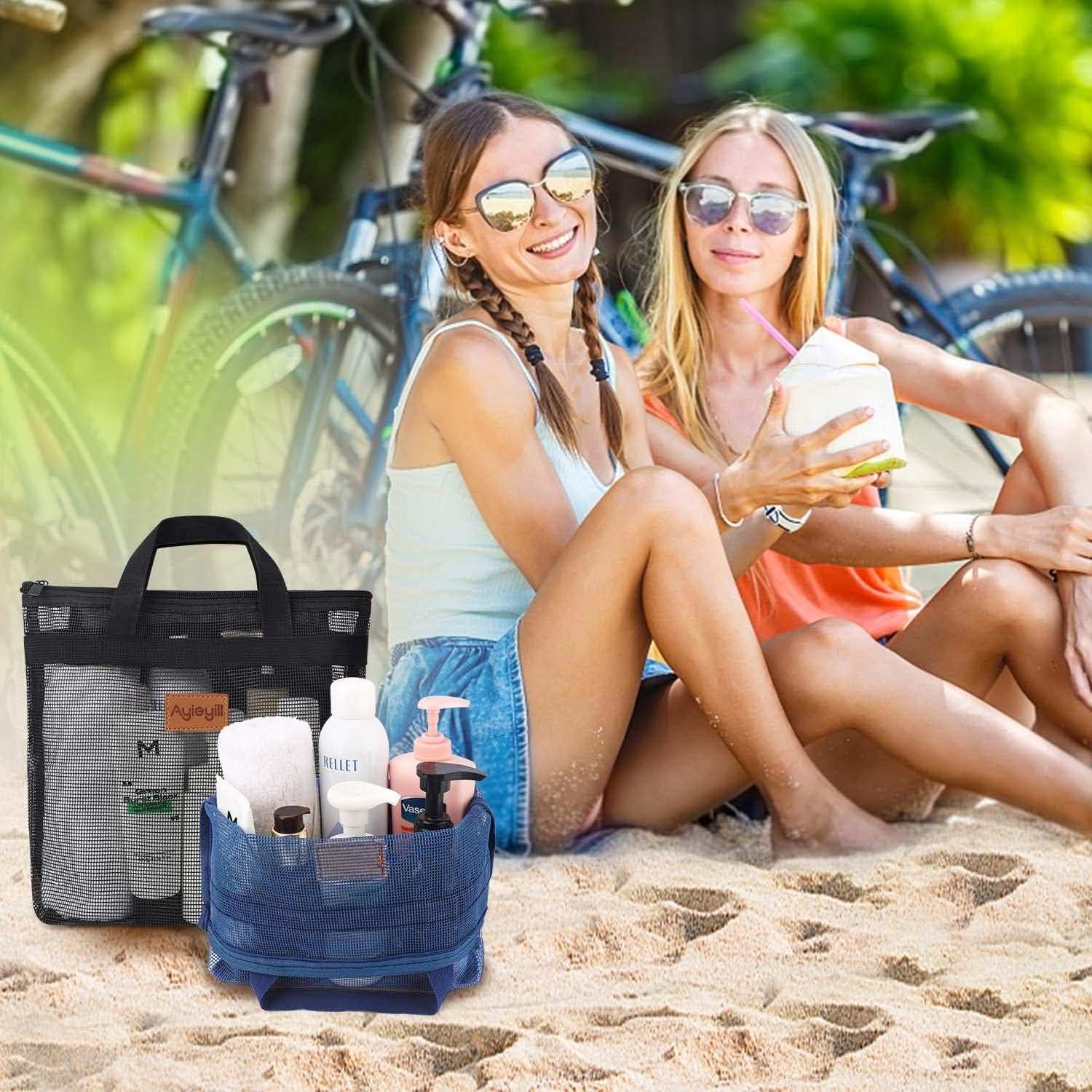 2 Pcs Shower Mesh Caddy Bag Quick Dry Hanging Toiletry and Bath Organizer for Travel and Swimming with Zipper (Dark Blue-Black)