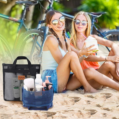 2 Pcs Shower Mesh Caddy Bag Quick Dry Hanging Toiletry and Bath Organizer for Travel and Swimming with Zipper (Dark Blue-Black)