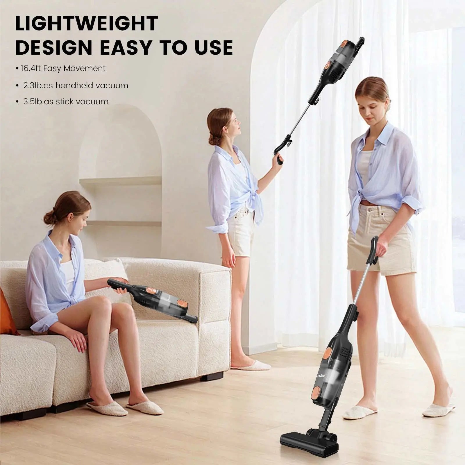 Lightweight 110/220V stick vacuum cleaner with HEPA filters, 15Kpa suction, 600W motor, 2-in-1 handheld and stick design for home and car cleaning