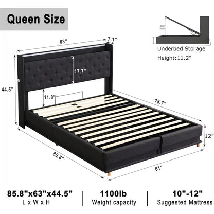 Lift up Storage Bed Frame Queen Size with Charging Station & Led Lights,Upholstered Platform Bed with Wingback Storage Headboard