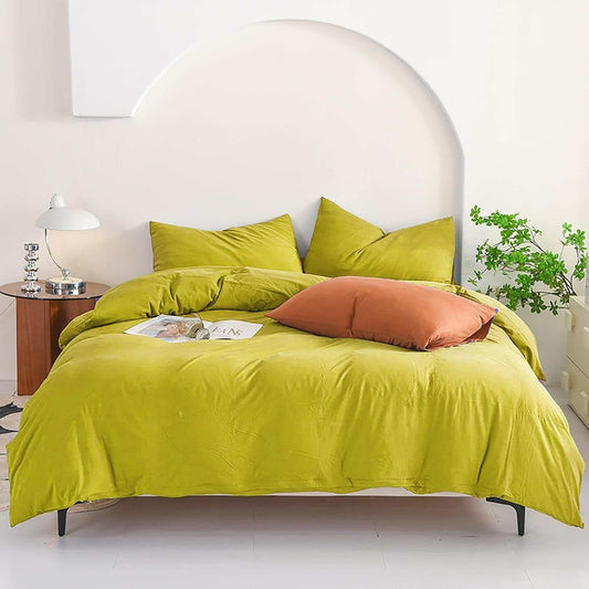 Queen size chartreuse microfiber comforter set with pillowcases on modern bed
