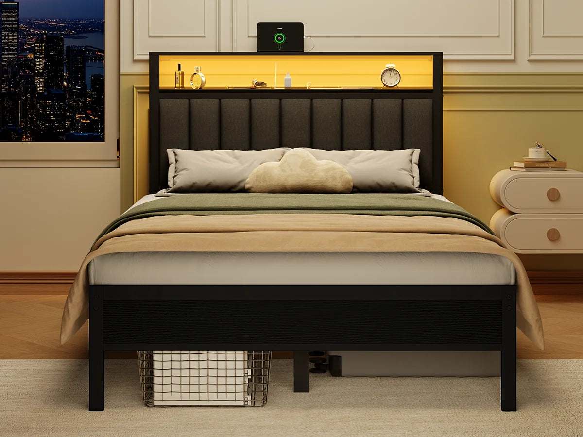 FullQueen size black oak bed frame with upholstered backrest, built-in lighted headboard, USB port, and under-bed storage basket in modern bedroom setting.