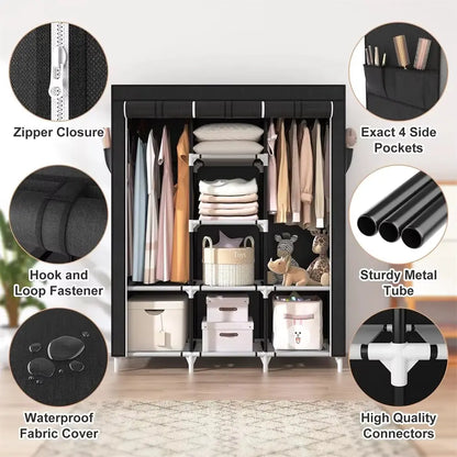 Portable Closet Large Wardrobe Closet Clothes Organizer with 6 Storage Shelves, 2 Hanging Sections 4 Side Pockets