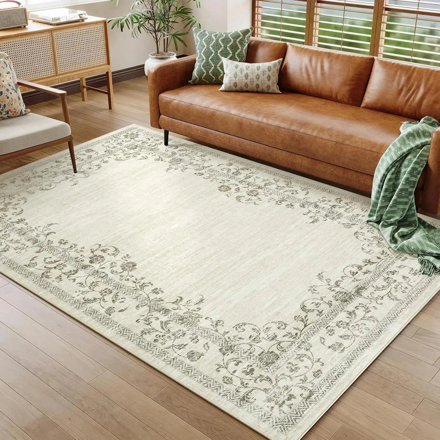 Washable Area Rug for Bedroom Farmhouse Rugs for Living Room Indoor Floral Bordered Large Rug Soft Carpet for Dining Room Office