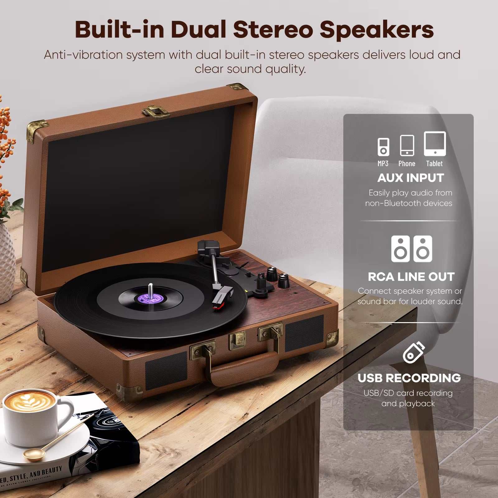 Vintage Gramophone Turntable with built-in dual stereo speakers, USB recording, AUX input, and RCA line out in a brown suitcase design