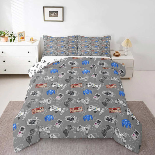 Gaming comforter set with colorful retro video game controllers and handheld consoles on gray background, twin size bedding with matching pillowcases in modern bedroom setting
