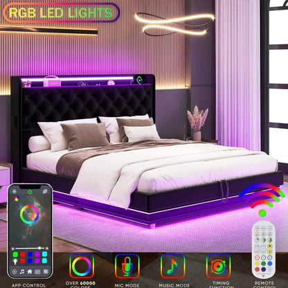 Lift up Storage Bed Frame Queen Size with Charging Station & Led Lights,Upholstered Platform Bed with Wingback Storage Headboard