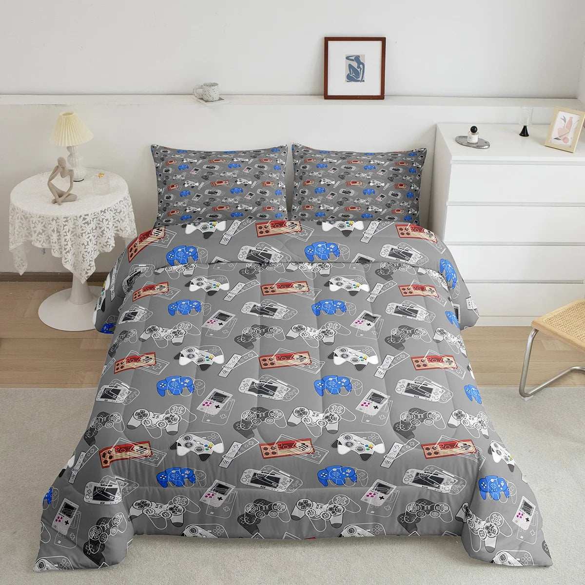 Gaming Comforter Set Twin Video Game Bedding Set Cartoon Gamepad Gamer down Comforter, Soft Microfiber Grey White Reversible Bedding Comforters Game Controllers Print