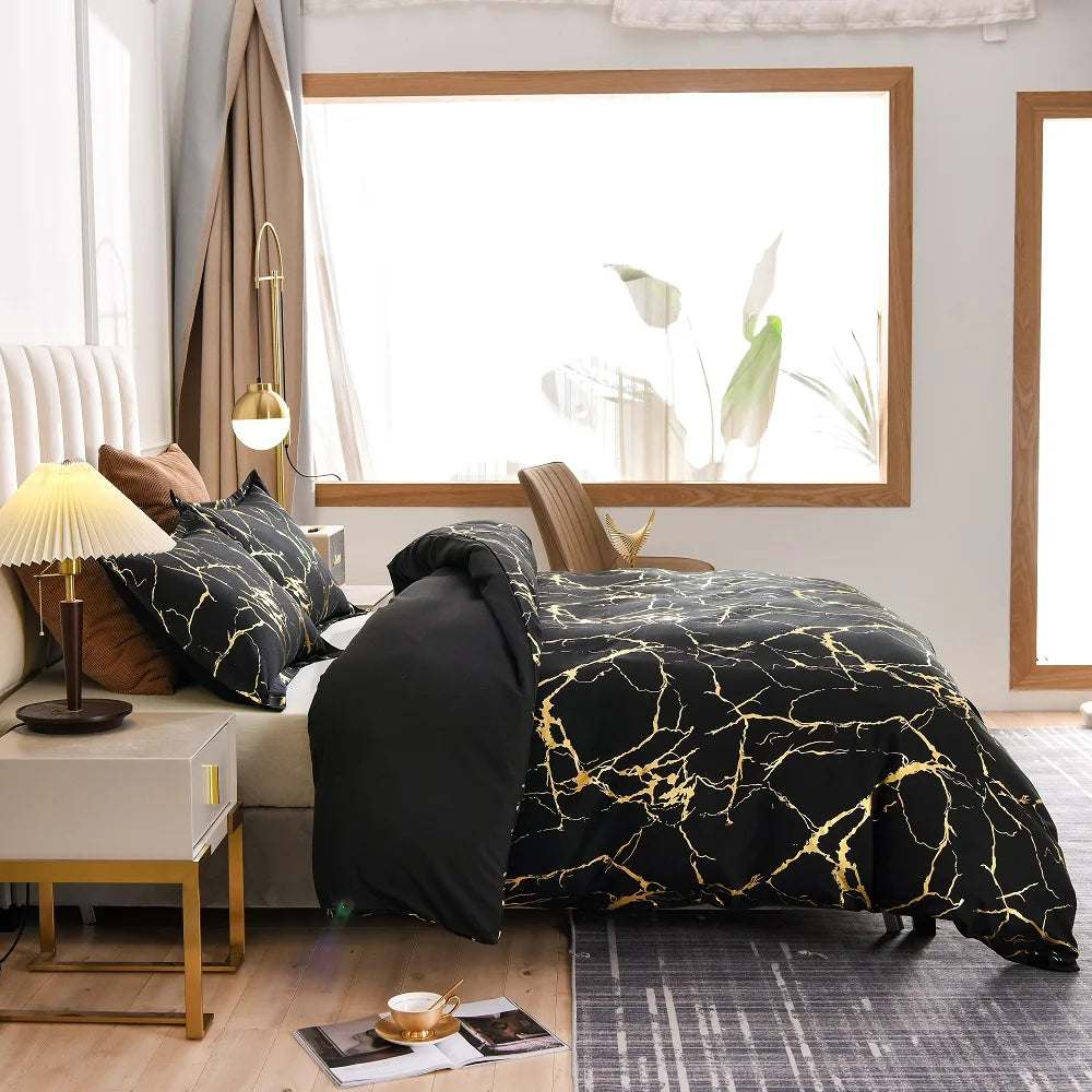 Satin Bedding Set Black Satin Duvet Cover Set 3 Pcs Black Gold Metallic Marble Pattern Luxurious Bedding Set King Size