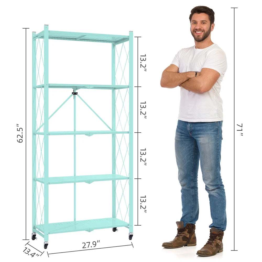 5-Tier Storage Shelving Unit, Metal Shelf 27.9"X13.4"X62.5, Foldable Storage Shelf with Wheels, Garage Shelf, Metal Storage Rack, Kitchen Shelf with 4 Hooks,No Assemble Require,Blue