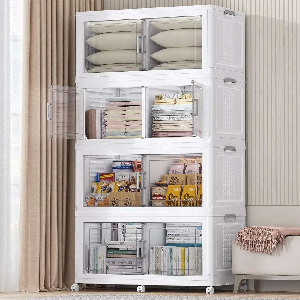 Stacked 200Qt plastic storage bins with transparent doors and wheels, organized with pillows, clothes, food items, and books.
