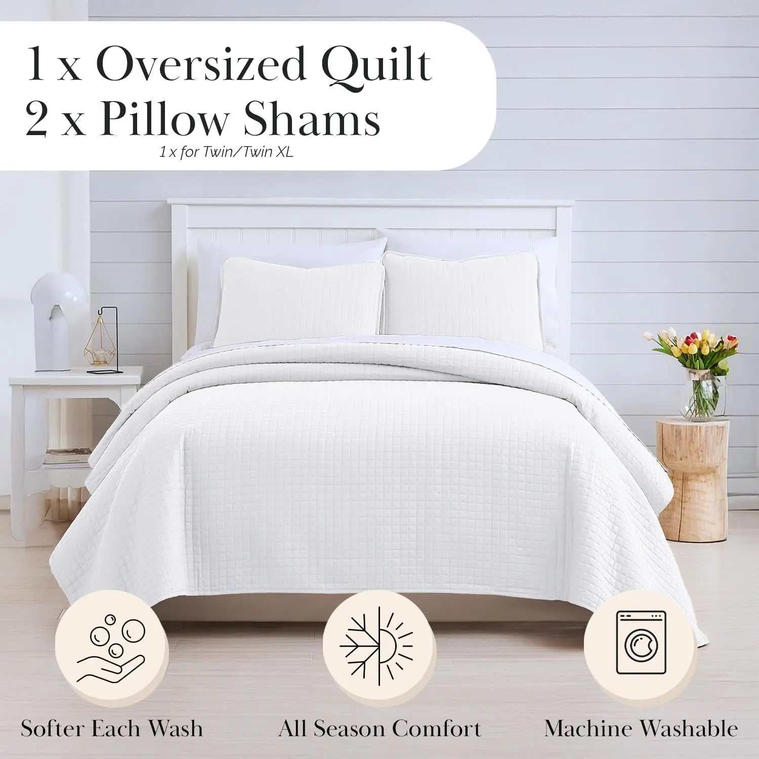 White King Quilt Set with 2 Pillow Shams, Lightweight Coverlet, King Size Quilt, Stain & Pet Hair Resistant Bedding Set, Standard/California Size, Bright White