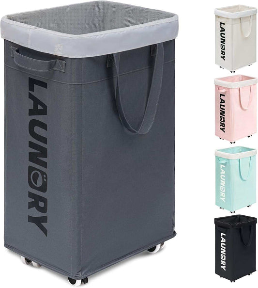Portable laundry basket with wheels in multiple colors made of durable fabric and sturdy frame for easy transport and ample storage