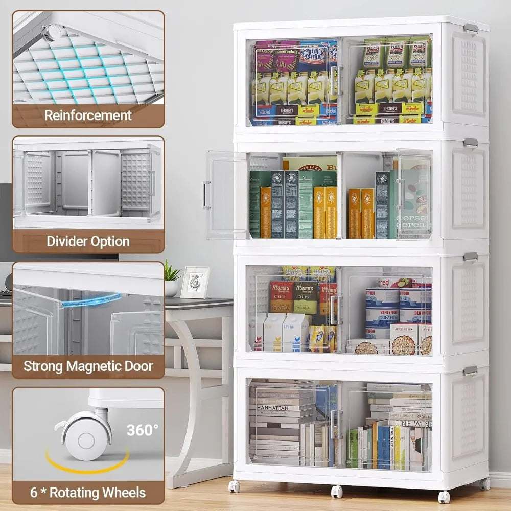 200Qt plastic storage bins with lids and wheels, stackable with dividers and magnetic doors for organized home storage