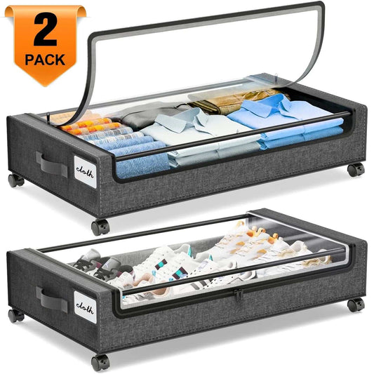 Set of two collapsible under bed storage bags for clothes and shoes with clear windows, sturdy handles, and wheels for easy access and organization