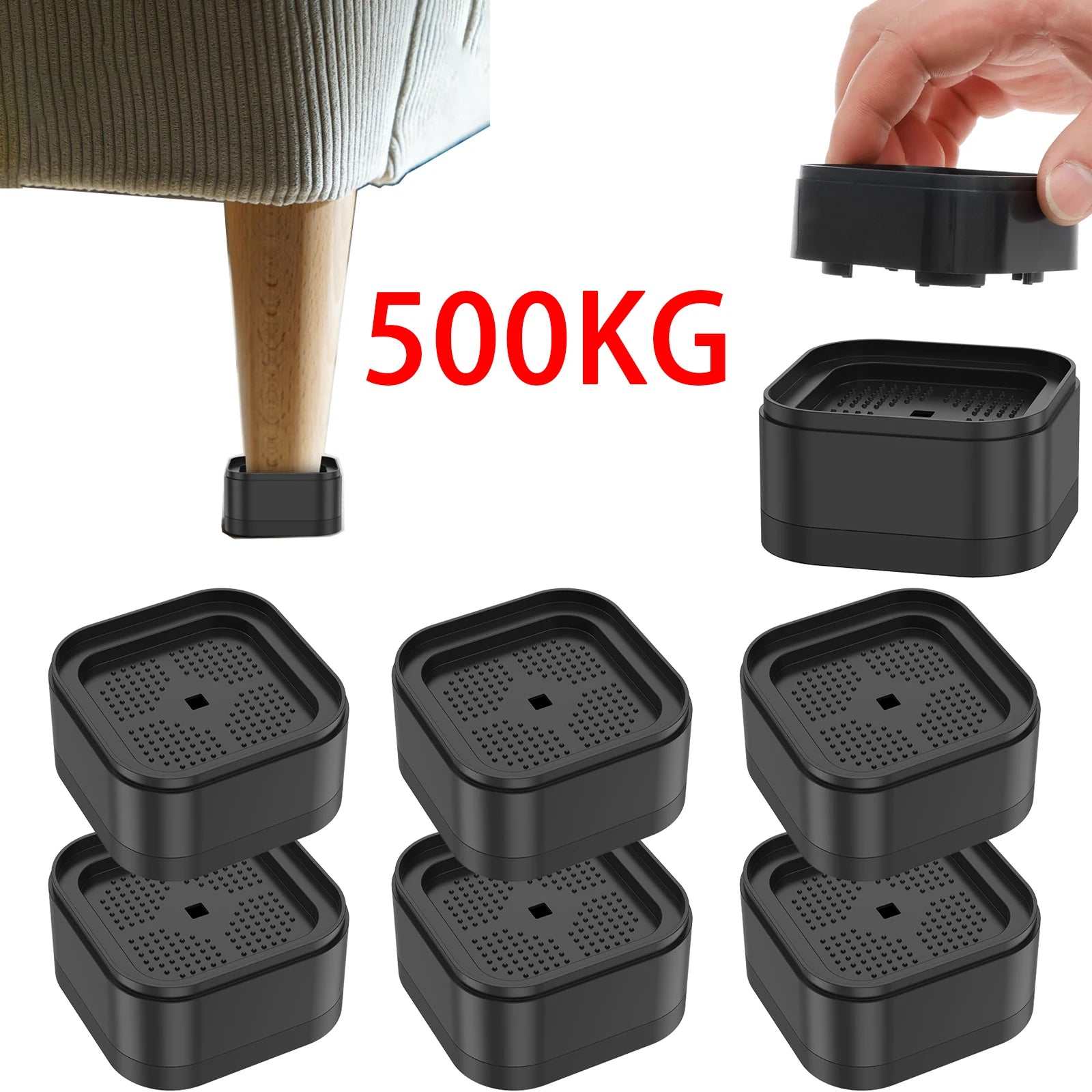 Black heavy duty plastic furniture risers supporting bed and chair legs with non-slip design and 500KG weight capacity