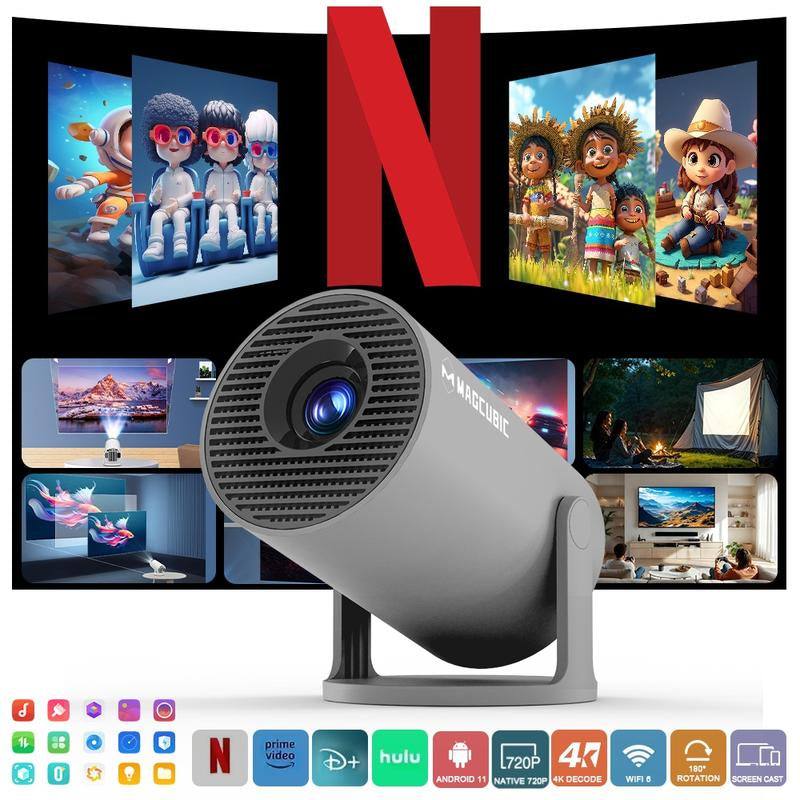 Magcubic Hy300Pro 4K videosource supported projector with Android 11, WiFi6, 720P output, 290ANSI lumens, Bluetooth 5.4, and 180° flexible projection angle.