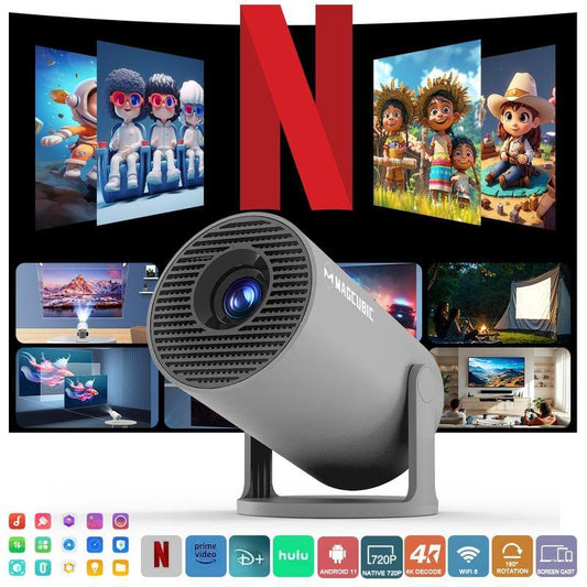 Magcubic Hy300Pro 4K videosource supported projector with Android 11, WiFi6, 720P output, 290ANSI lumens, Bluetooth 5.4, and 180° flexible projection angle.