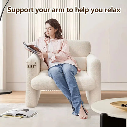Modern Accent Single Sofa Chair with Arms, Lamb Fabric Upholstered Comfy Reading Arm Chair for Bedroom, Living Room-Beige
