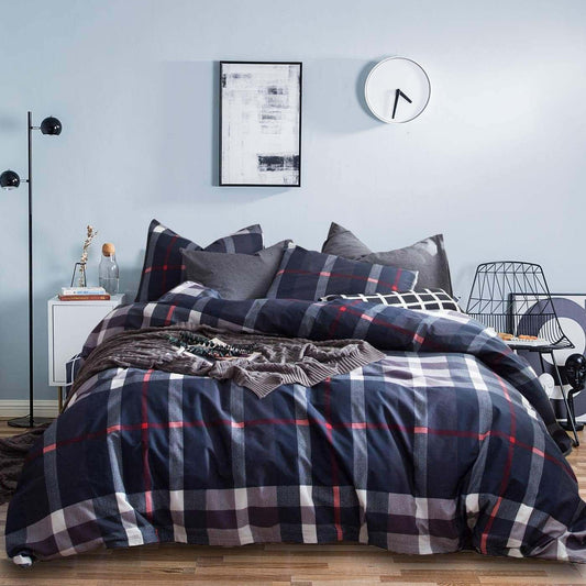 Jumeey plaid duvet cover queen size navy blue grid bedding set on bed with pillows and modern bedroom decor