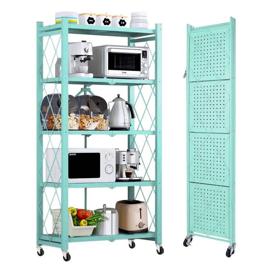 5-tier foldable metal storage shelving unit with wheels in teal, holding kitchen appliances and containers, with a compact folded view.