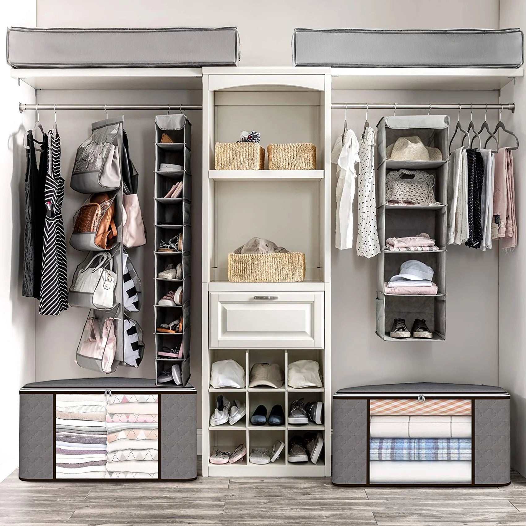 2 Pcs 80L + 2 Pcs 67L Large Underbed Storage Bags Organizer Container with Clear Window, Large Capacity Visible Underbed Storage Organizers for Comforters, Gray