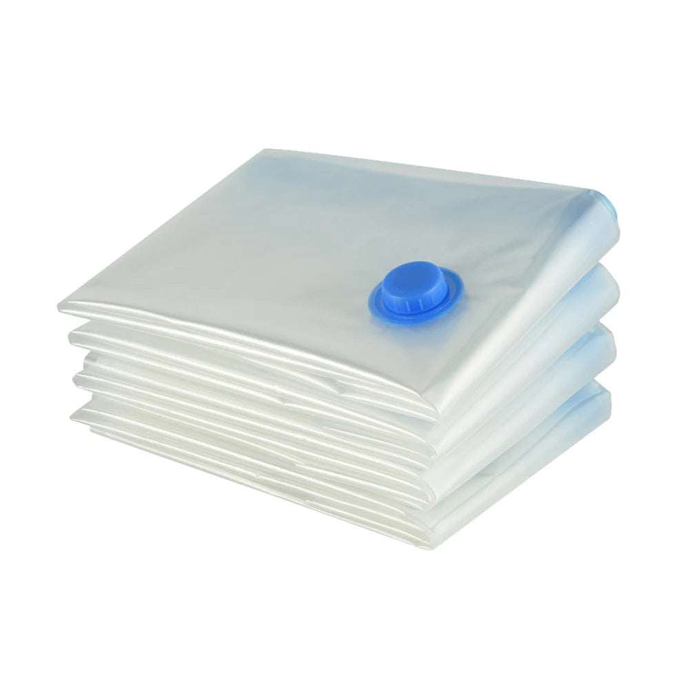Reusable vacuum compression storage bags with blue valve for space-saving and dustproof clothes and bedding organization