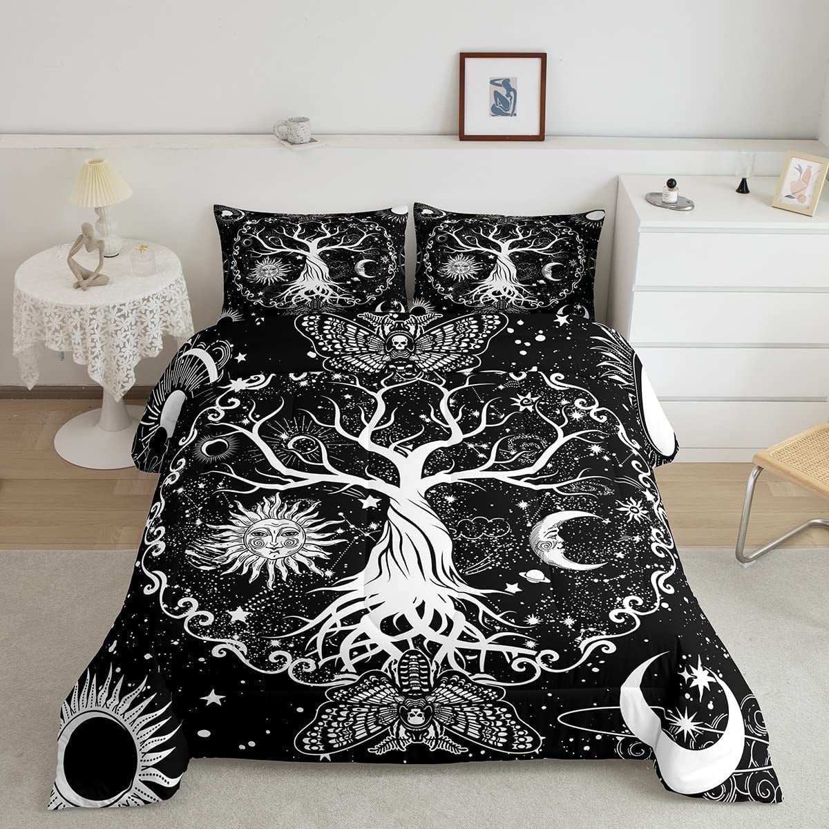 Black and white Sun and Moon comforter set featuring a large tree with sun, moon, stars, and butterfly designs on a cozy bed with matching pillowcases