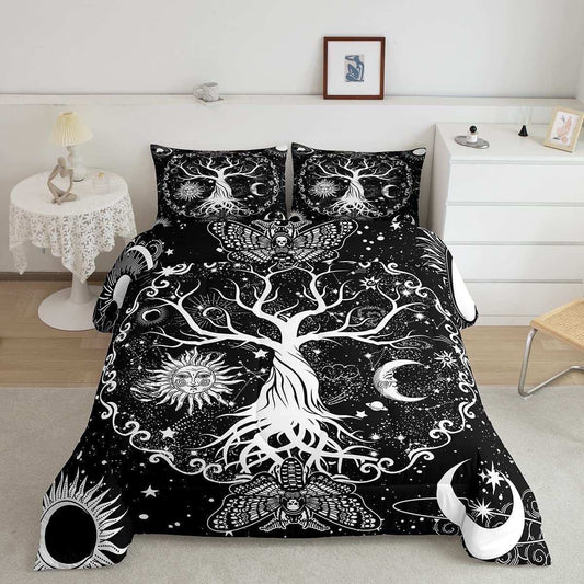 Black and white Sun and Moon comforter set featuring a large tree with sun, moon, stars, and butterfly designs on a cozy bed with matching pillowcases