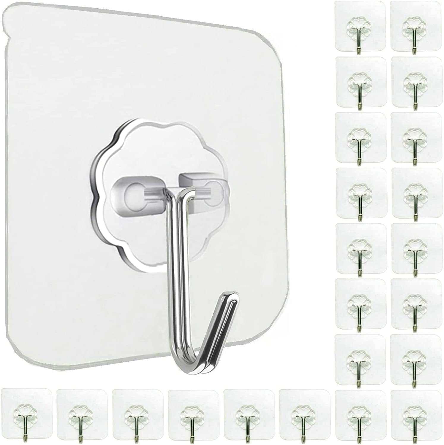 24 pack transparent heavy duty self adhesive wall hooks with stainless steel hook and 180 degree rotation for home organization