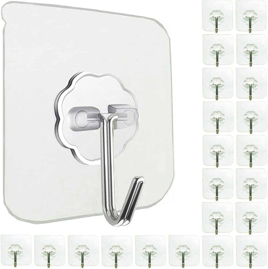 24 pack transparent heavy duty self adhesive wall hooks with stainless steel hook and 180 degree rotation for home organization