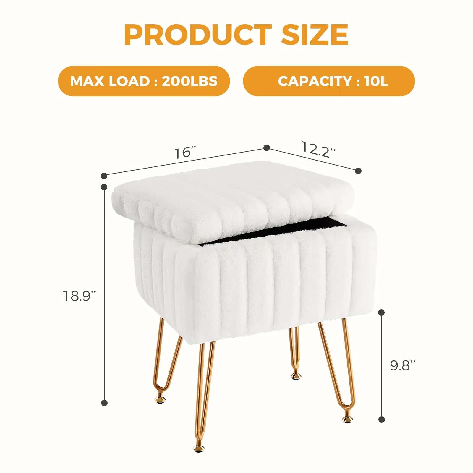 White faux fur living room storage stool with padded top, gold metal legs, and hidden 10L storage capacity, measuring 18.9"x16"x12.2".