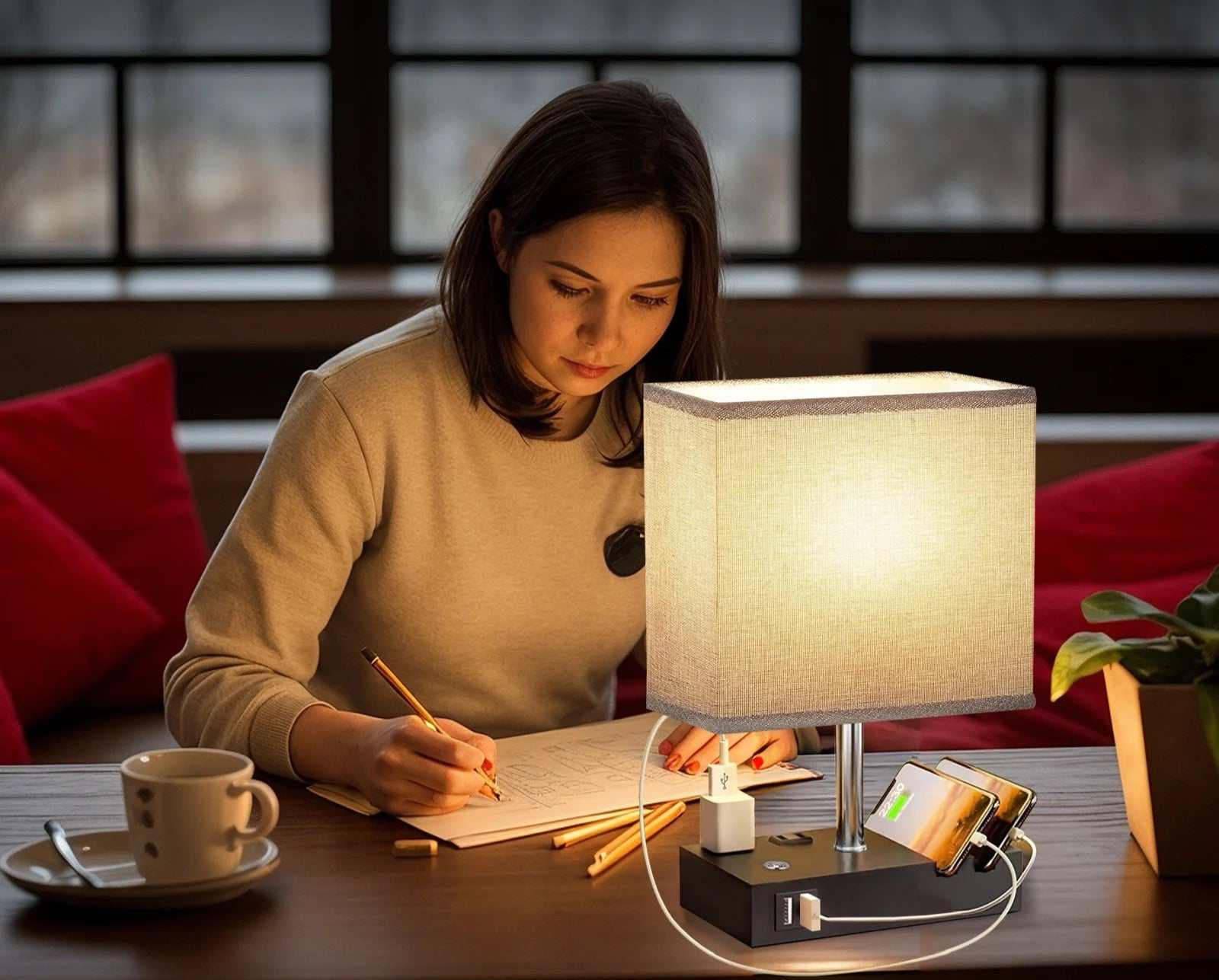 15.7" Bedside Table Lamp for Bedroom, Dual Fast USB Charging Ports, Fully Dimmable Nightstand Lamps