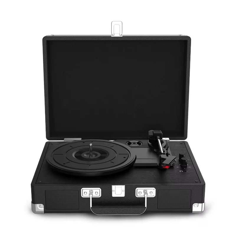 Black vintage gramophone turntable suitcase style with 3-speed belt-driven record player and built-in speakers