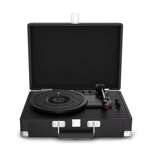 Black vintage gramophone turntable suitcase style with 3-speed belt-driven record player and built-in speakers