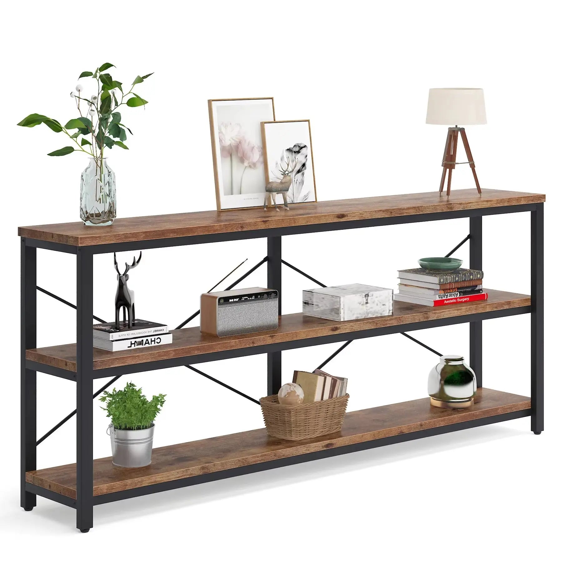 3-Tier Console Table, 70.9" Sofa Table Long Narrow Entryway with Metal Frame
