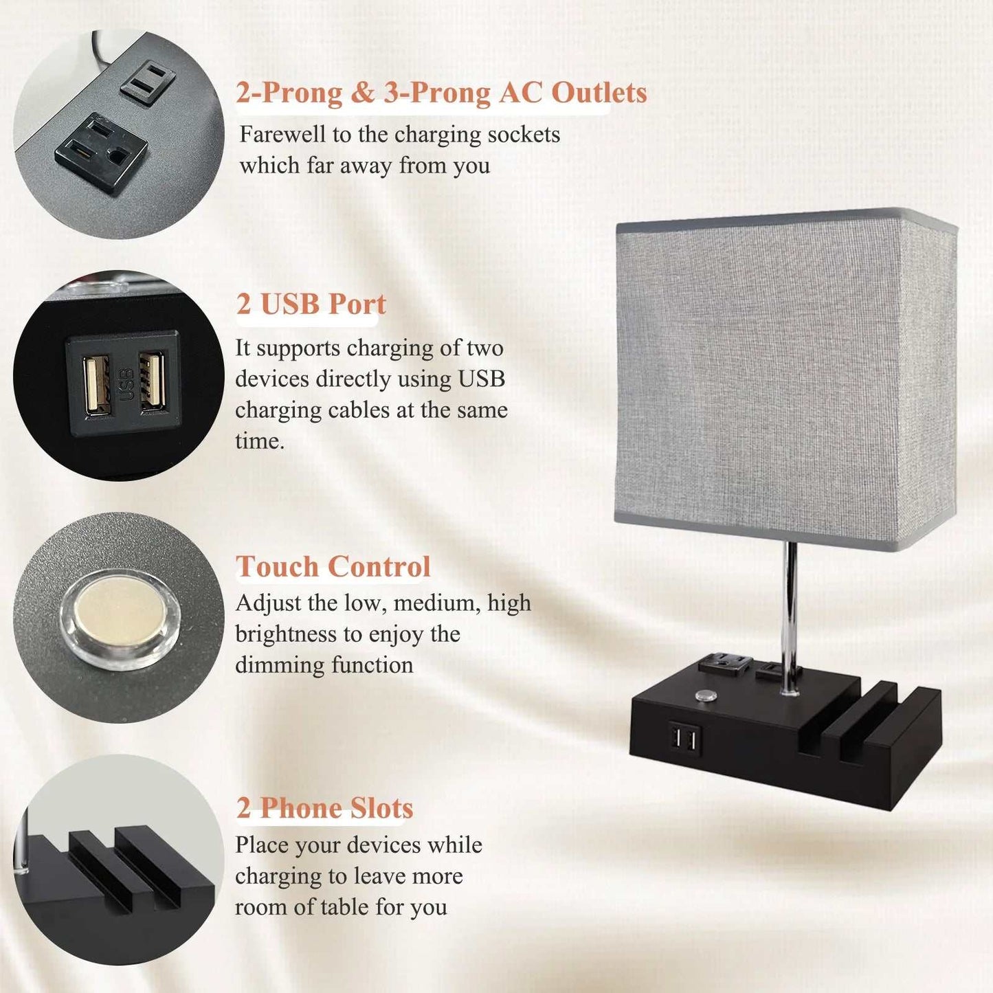 15.7" Bedside Table Lamp for Bedroom, Dual Fast USB Charging Ports, Fully Dimmable Nightstand Lamps