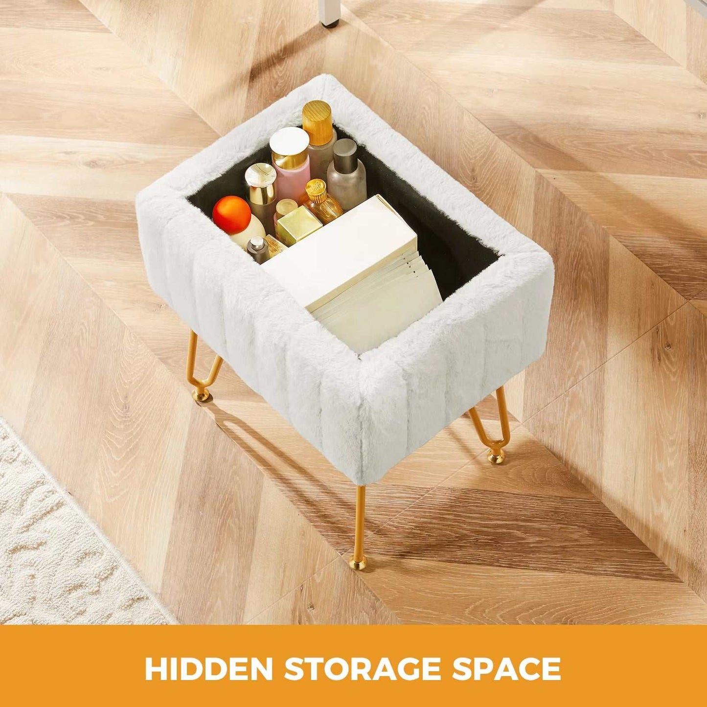 White faux fur living room storage stool with gold metal legs and hidden compartment for makeup and cosmetics