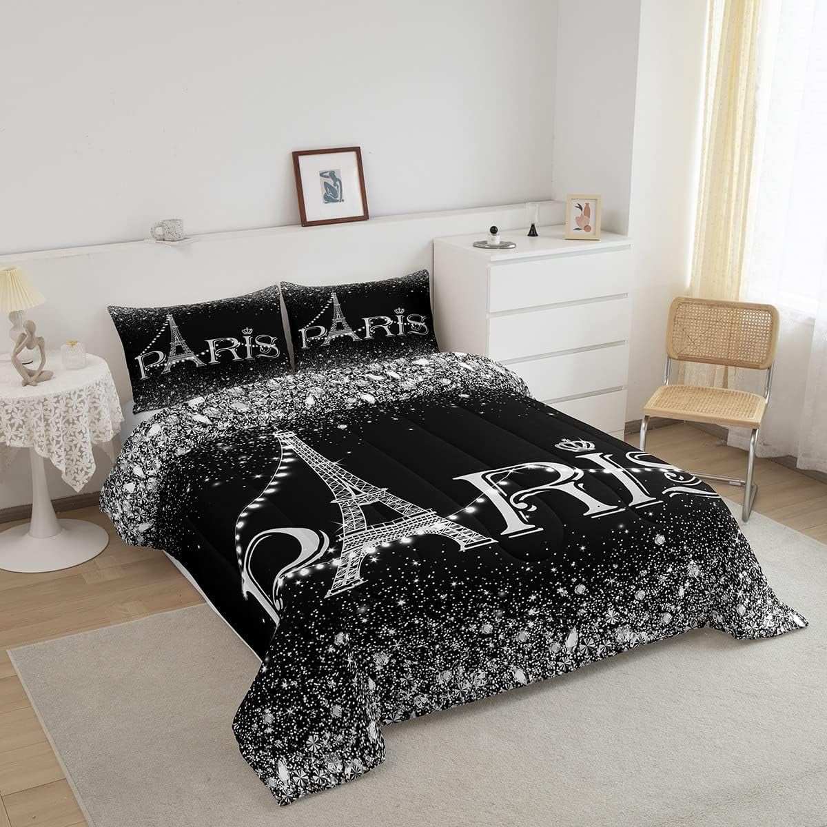 Eiffel Tower Comforter Set ,Black White Romantic Paris Bedding Set Twin,Glitter Diamond Duvet Insert All Season,Sparkles Sequins down Comforter with 1 Pillowcase Bedroom Decor
