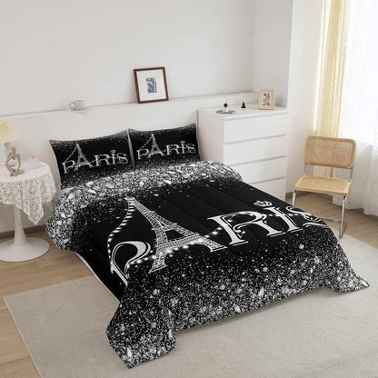 Eiffel Tower Comforter Set ,Black White Romantic Paris Bedding Set Twin,Glitter Diamond Duvet Insert All Season,Sparkles Sequins down Comforter with 1 Pillowcase Bedroom Decor