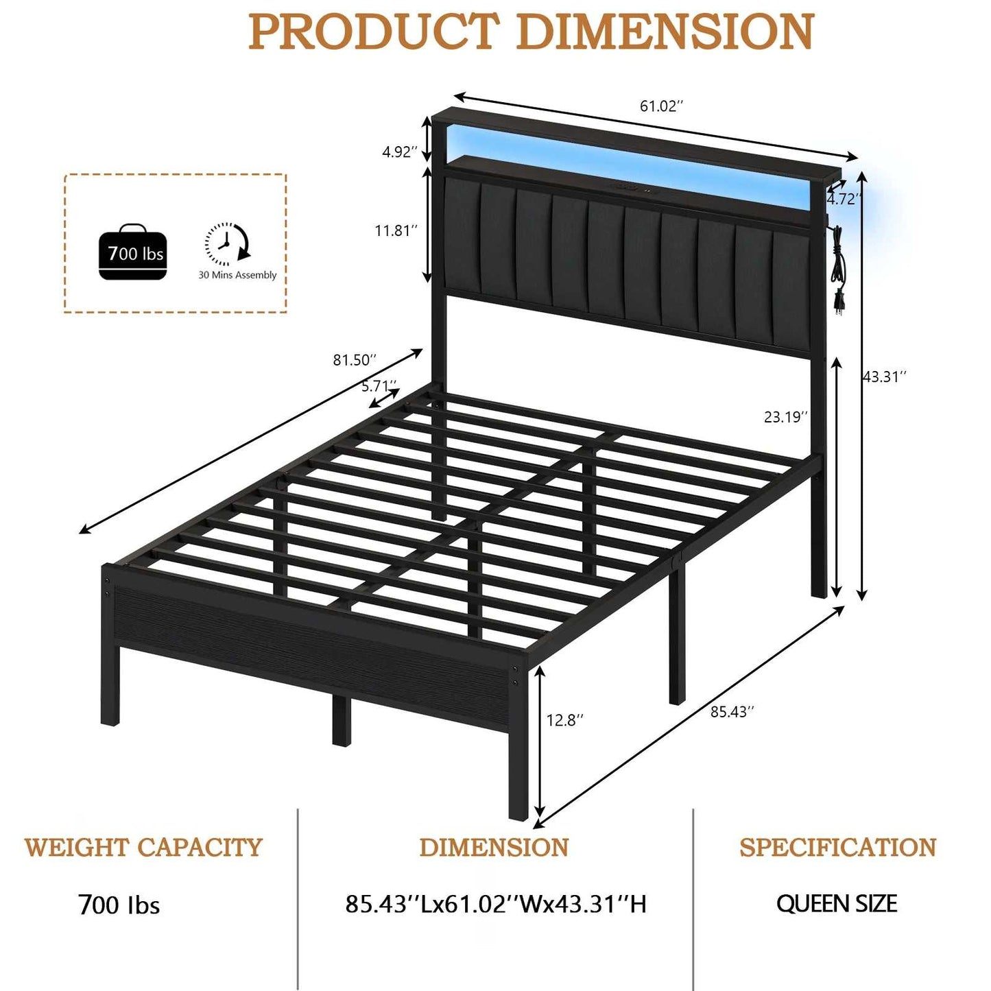 Black FullQueen size bed frame with upholstered headboard, LED light, USB port, and slatted base support.