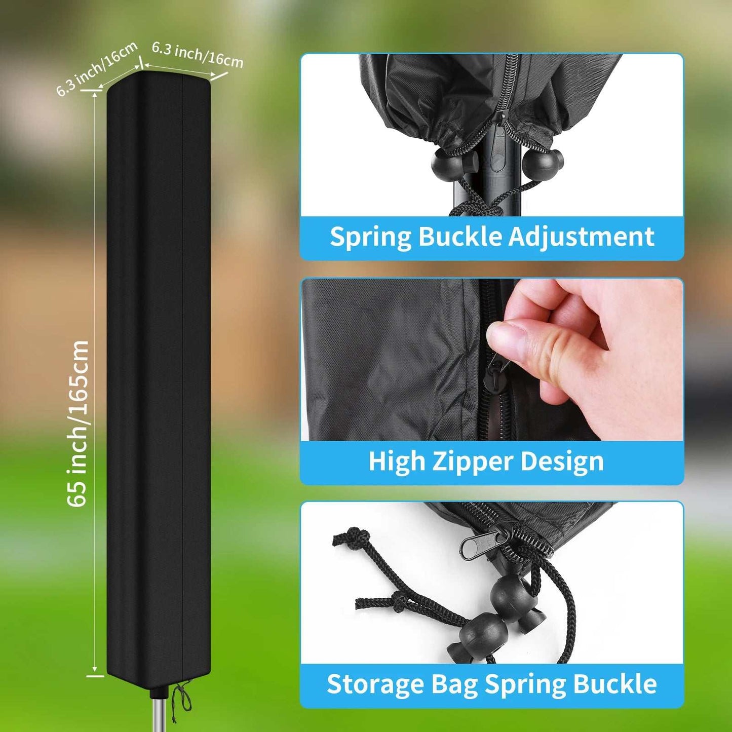 Rotary outdoor umbrella clothes drying rack cover with waterproof, tear-resistant fabric, spring buckle adjustment, high zipper design, and storage bag.