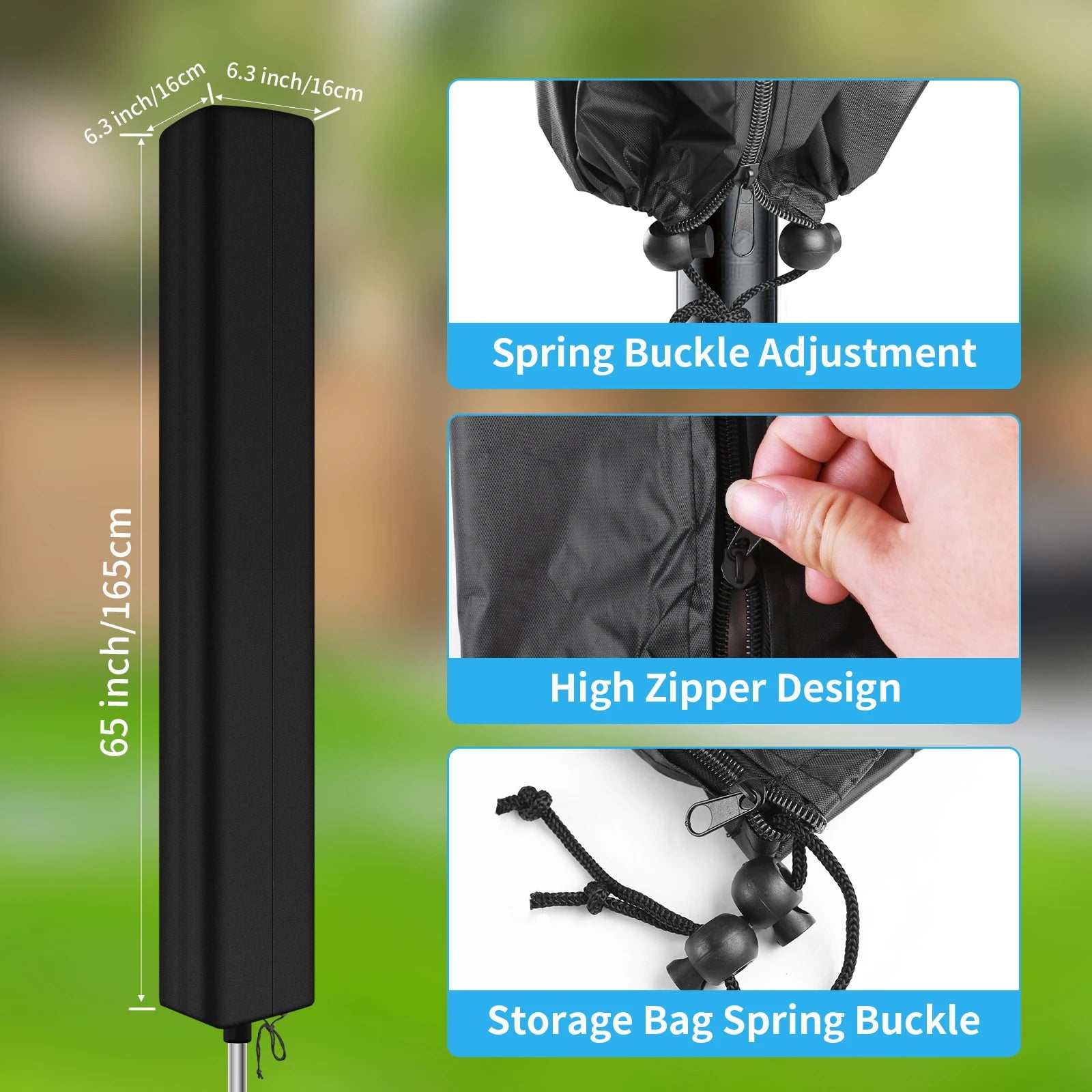 Rotary outdoor umbrella clothes drying rack cover with waterproof, tear-resistant fabric, spring buckle adjustment, high zipper design, and storage bag.