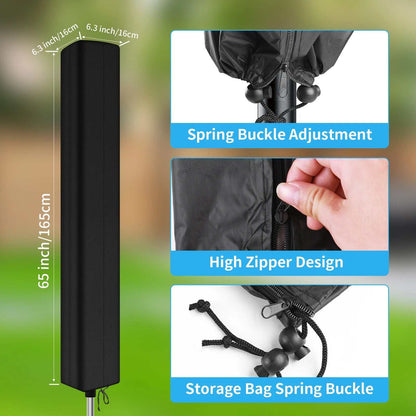 Rotary outdoor umbrella clothes drying rack cover with waterproof, tear-resistant fabric, spring buckle adjustment, high zipper design, and storage bag.