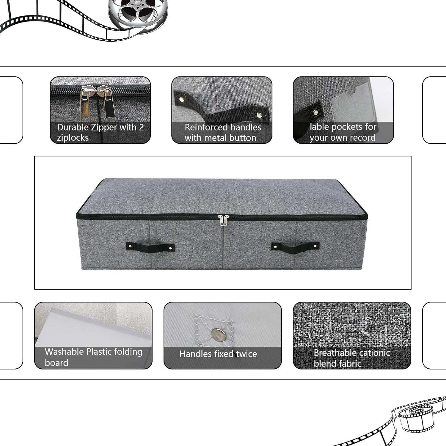 Foldable Fabric Sturdy under Bed Storage Box with 6 Handles, Zipper Lid, Blankets Clothes Comforters Storage Bin Organizer for Bedroom and Closet, 35X 16.5 X 7Inch, Black Grey