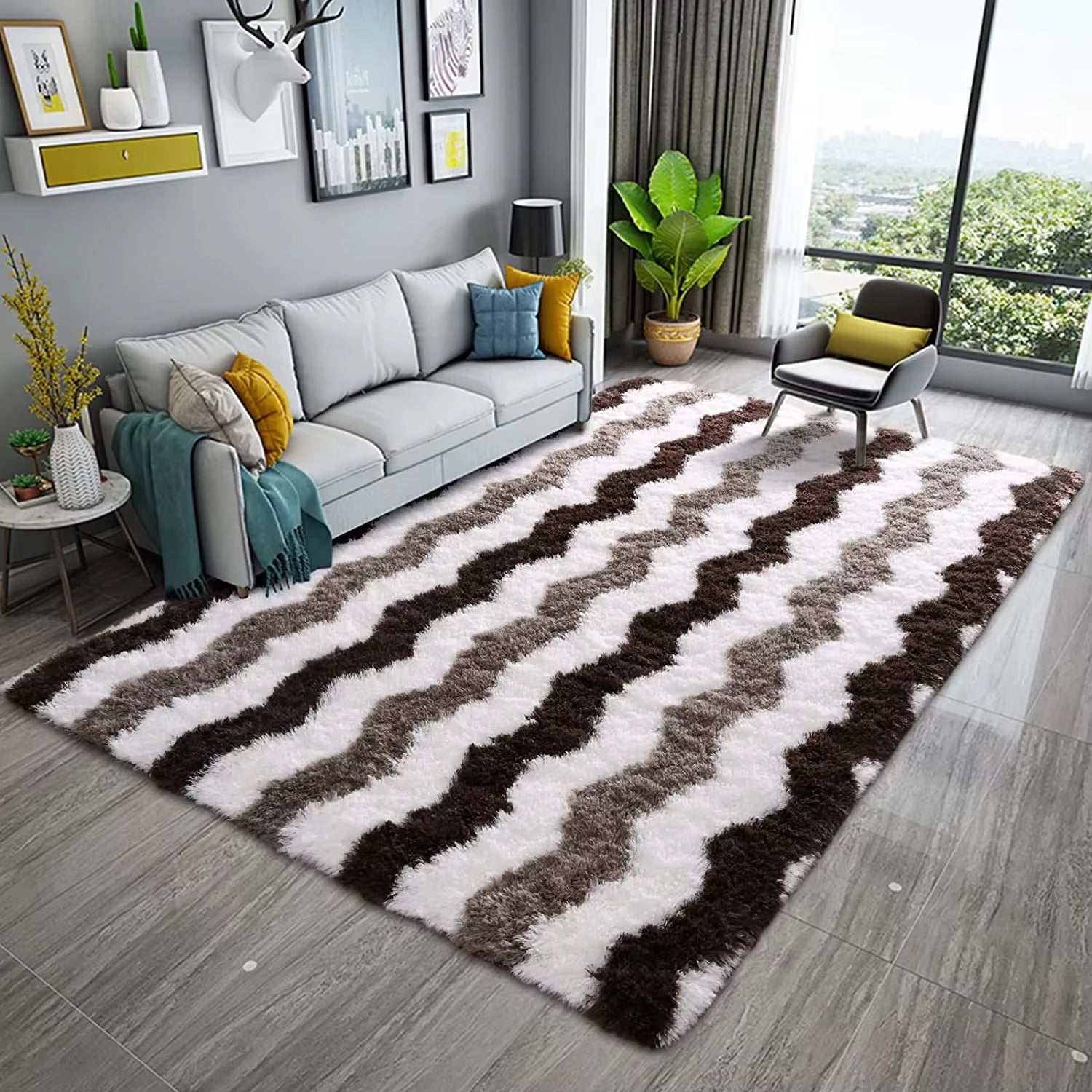 Soft Shaggy Rugs Plush Area Rugs for Living Room Bedroom Fluffy Carpets Home Decor,5X8Ft,Stripe Brown