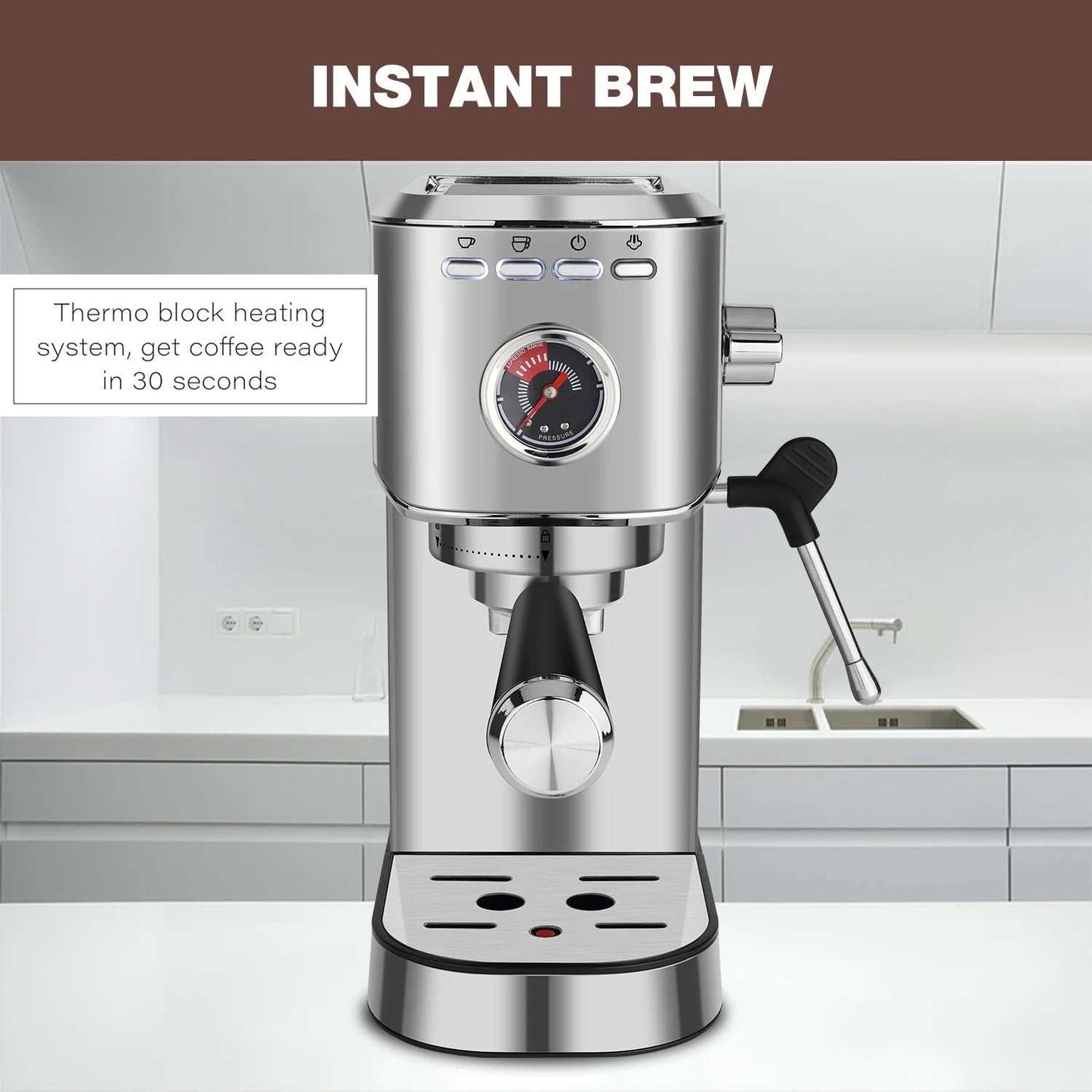 DOYOMI 20 Bar Espresso Machine stainless steel with milk frother and thermo block heating for fast brewing