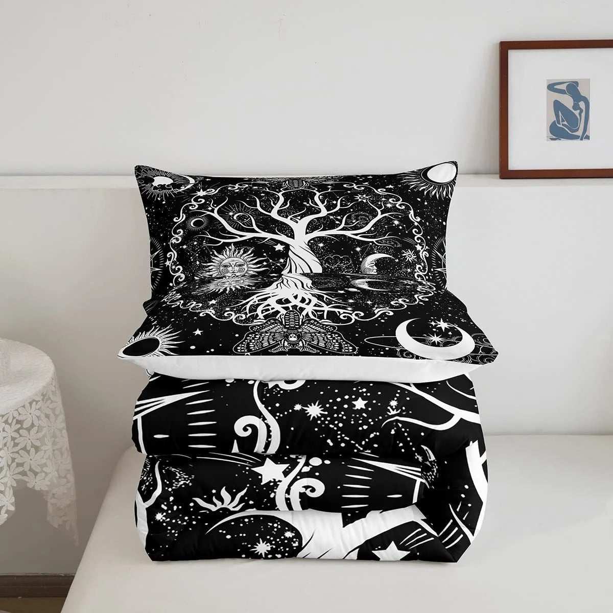 Sun and Moon Comforter Set Full, Tree of Life Bedding Sets 3Pcs Gothic Moth Duvet Sets Sugar Skull Quilt Trippy Glitter Stars Duvet Insert, Bohemian Constellations Bedroom Decor All-Season